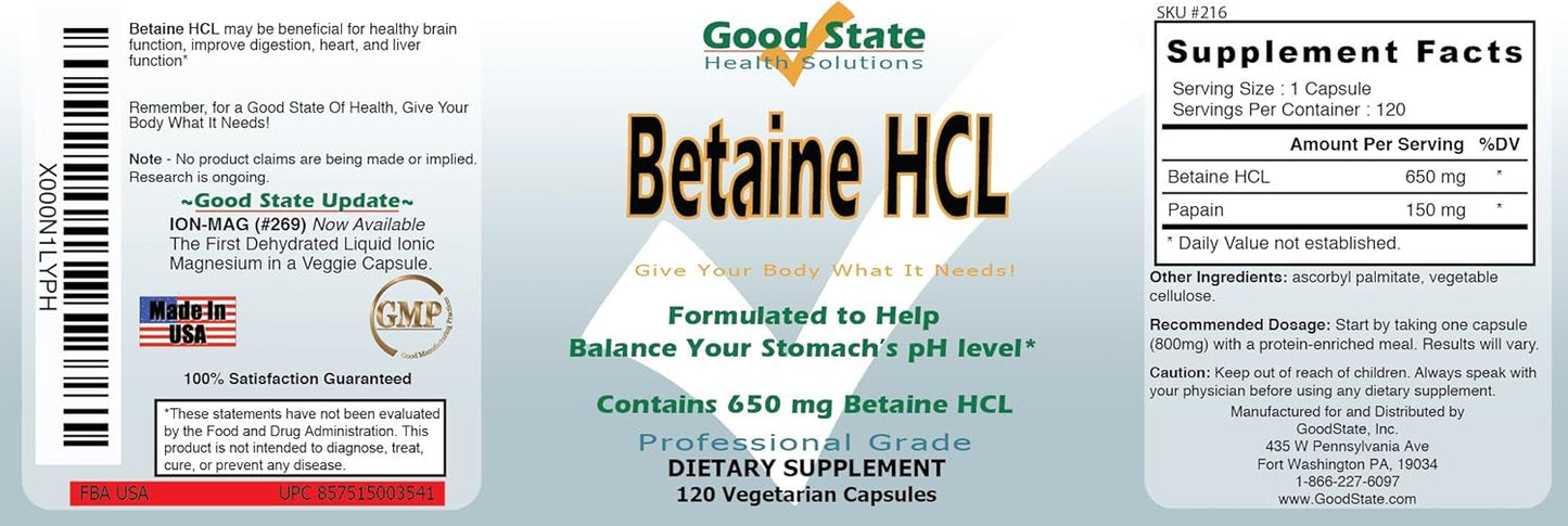 Betaine HCL Supplement - 120 Vegetable Capsules by Good State