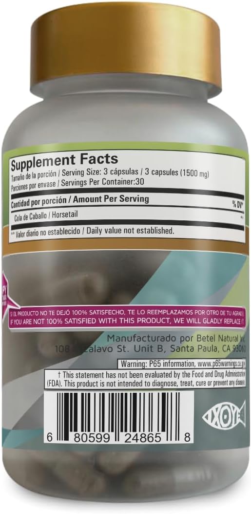 Betel Natural Premium Horsetail Herbal Capsules - 1500mg for Healthy Nails, Skin, and Hair