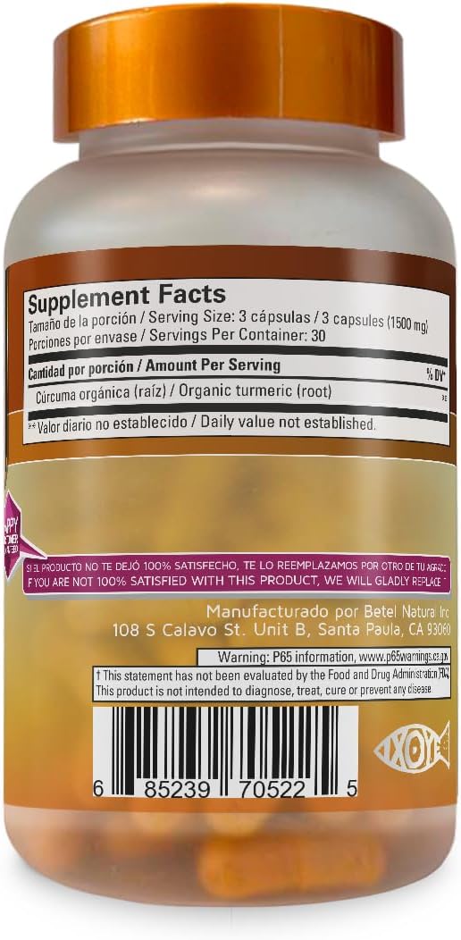 Betel Natural Premium Turmeric Curcuma Capsules - 1500 mg per Serving - 90 Capsules