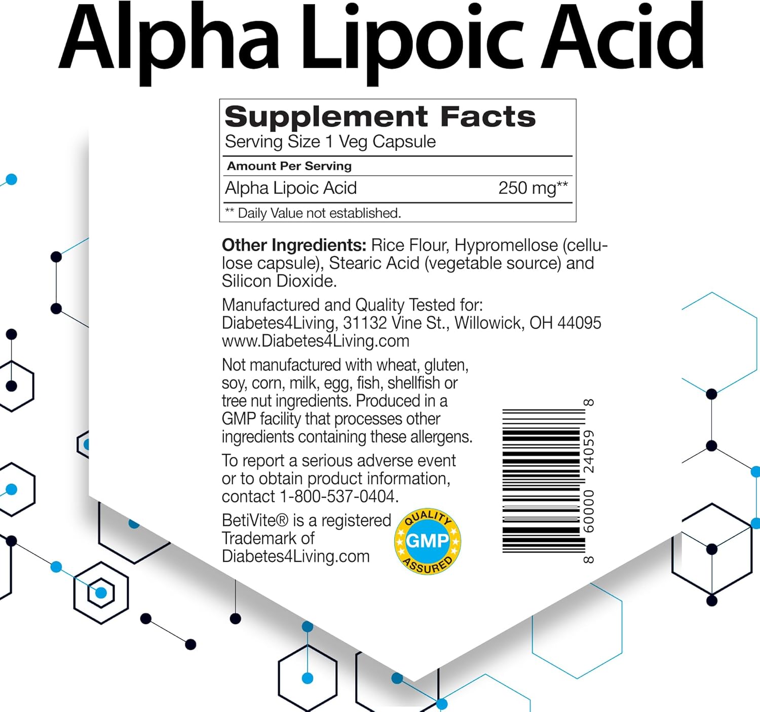 BetiVite Alpha Lipoic Acid 250 mg Supplements - 60 Vegetarian Capsules