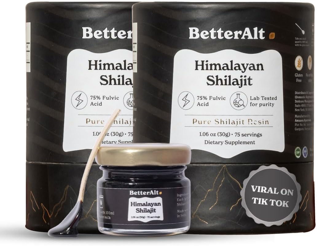 BetterAlt Pure Himalayan Shilajit Resin Pack of 2 - High Potency Gold Grade 150 Servings - Energy Boost & Immune Support - 85+ Trace Minerals - 75%+ Fulvic Acid - Lab Test Report - 400 mg