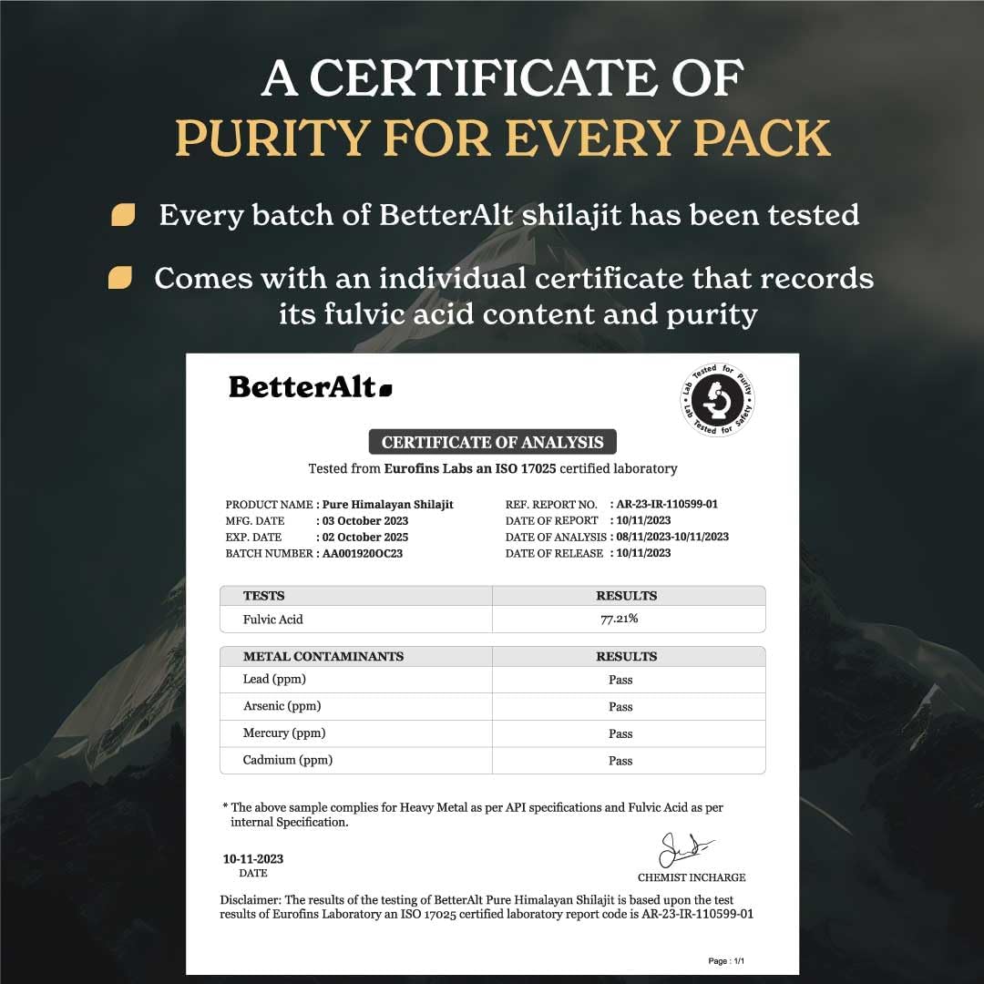 BetterAlt Pure Himalayan Shilajit Resin Pack of 2 - High Potency Gold Grade 150 Servings - Energy Boost & Immune Support - 85+ Trace Minerals - 75%+ Fulvic Acid - Lab Test Report - 400 mg