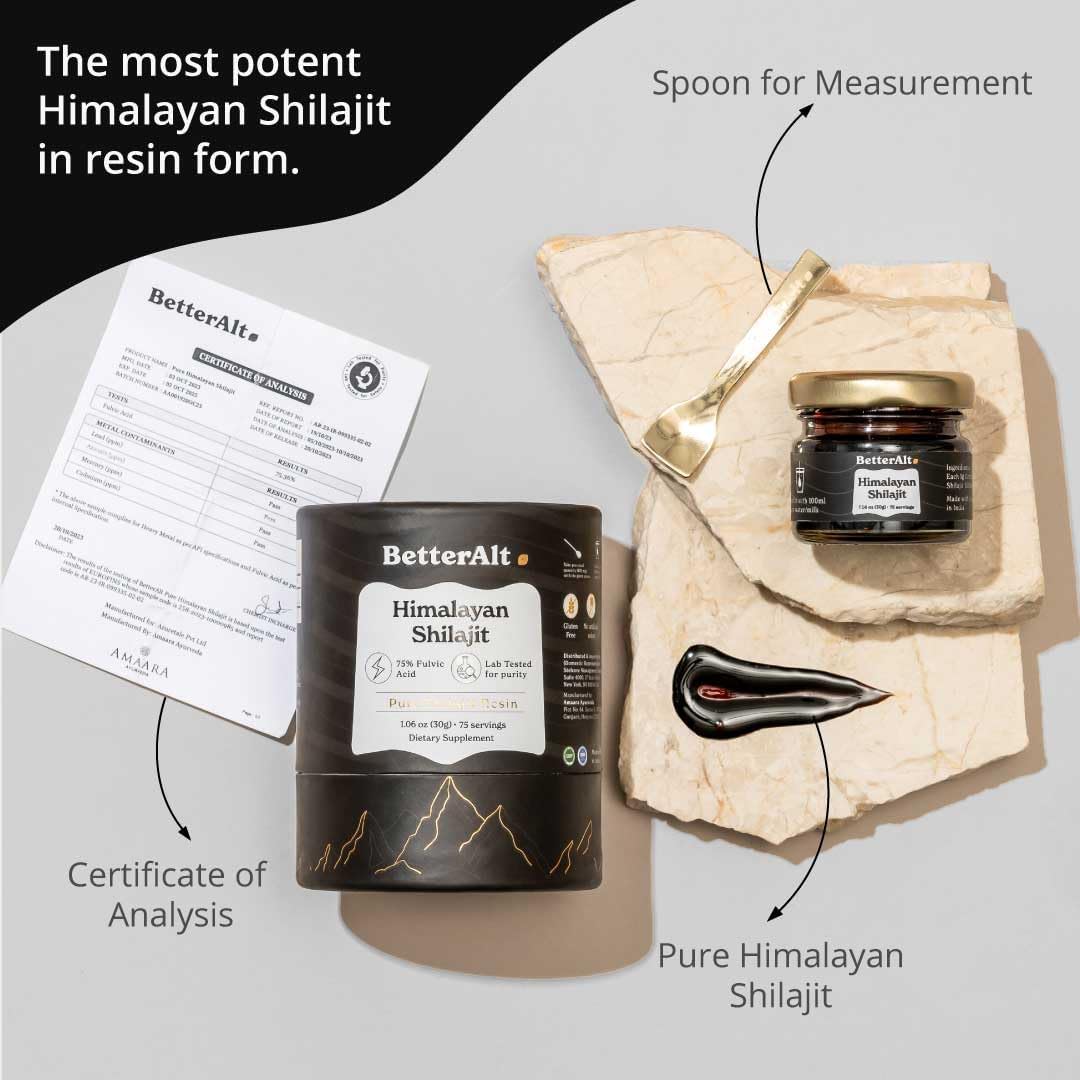 BetterAlt Pure Himalayan Shilajit Resin Pack of 2 - High Potency Gold Grade 150 Servings - Energy Boost & Immune Support - 85+ Trace Minerals - 75%+ Fulvic Acid - Lab Test Report - 400 mg