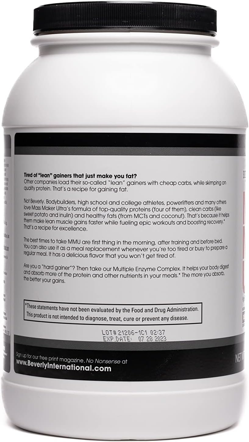 Beverly International Mass Maker Ultra Chocolate 3lb: Lean Mass Builder with Milk Protein Isolate, Whey Protein Isolate, Egg, MCT Oil, Clean Carbs.