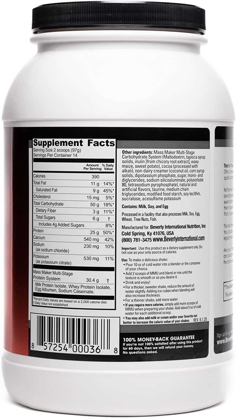 Beverly International Mass Maker Ultra Chocolate 3lb: Lean Mass Builder with Milk Protein Isolate, Whey Protein Isolate, Egg, MCT Oil, Clean Carbs.