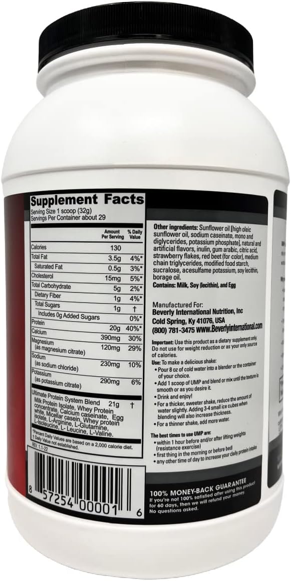 Beverly International UMP Protein Powder, Strawberry Flavor, 32.8 oz - Whey-Casein Blend for Lean Muscle, Digestion-Friendly, No Bloating.