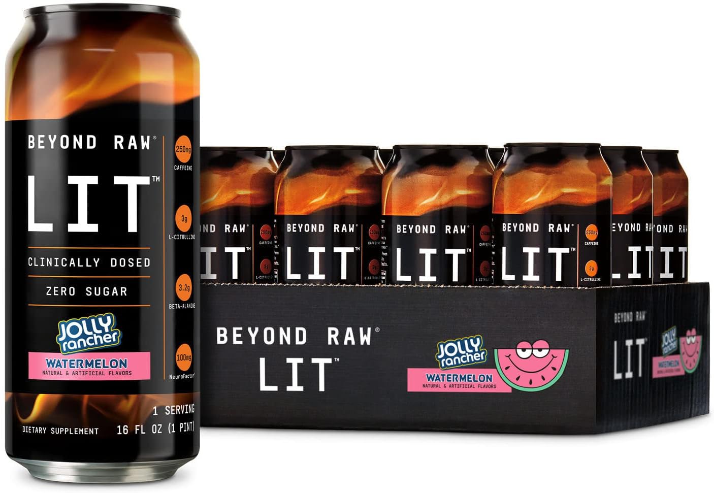 BEYOND RAW LIT Ready to Drink Cans - Jolly Rancher Watermelon Flavor - 12 Pack with Caffeine, L-Citrulline, Beta-Alanine