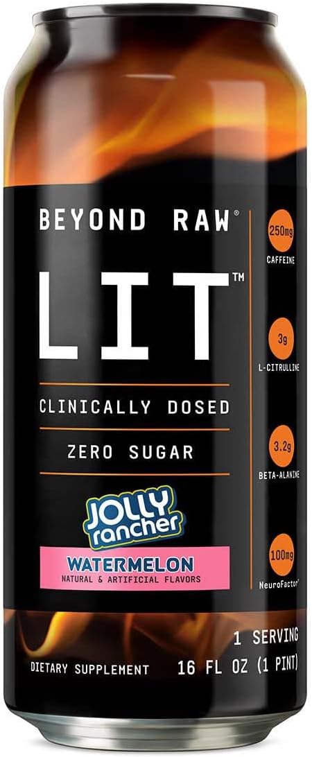 BEYOND RAW LIT Ready to Drink Cans - Jolly Rancher Watermelon Flavor - 12 Pack with Caffeine, L-Citrulline, Beta-Alanine