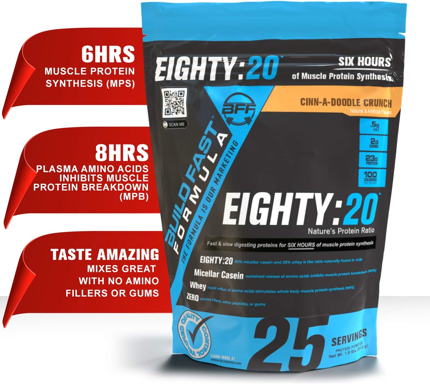 BFF Build Fast Formula Eighty:20 Protein Powder - Casein & Whey Blend for Muscle Protein Synthesis | Fast & Slow Digesting Proteins for 6 Hours | Keto Friendly Cinn-A-Doodle Crunch Flavor