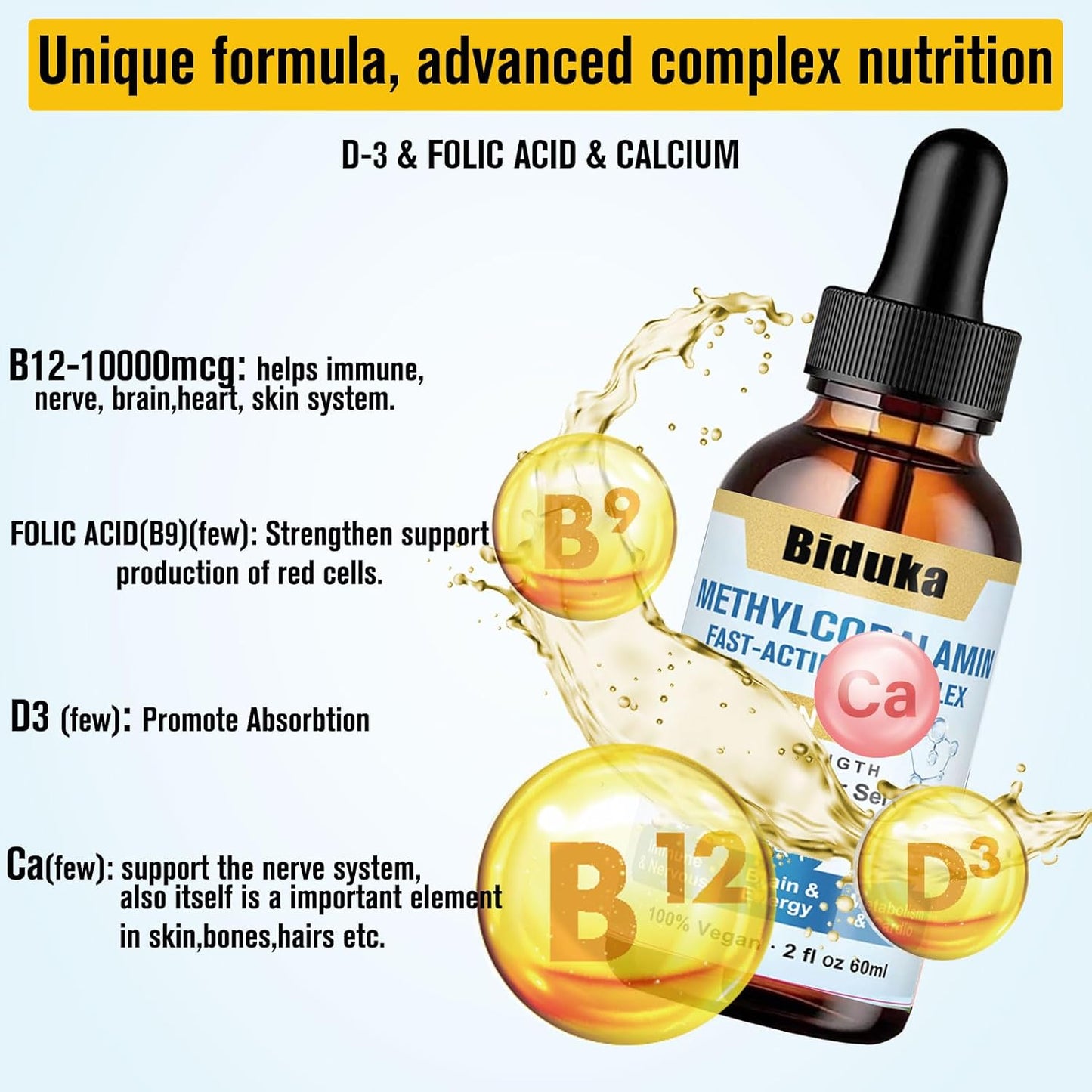 Biduka Vitamin B12 Sublingual Liquid Drops - 10,000mcg with D3, B9, Calcium - Energy, Heart, Mood, Brain, Immune Support - Vegetarian, Non-GMO, Gluten Free