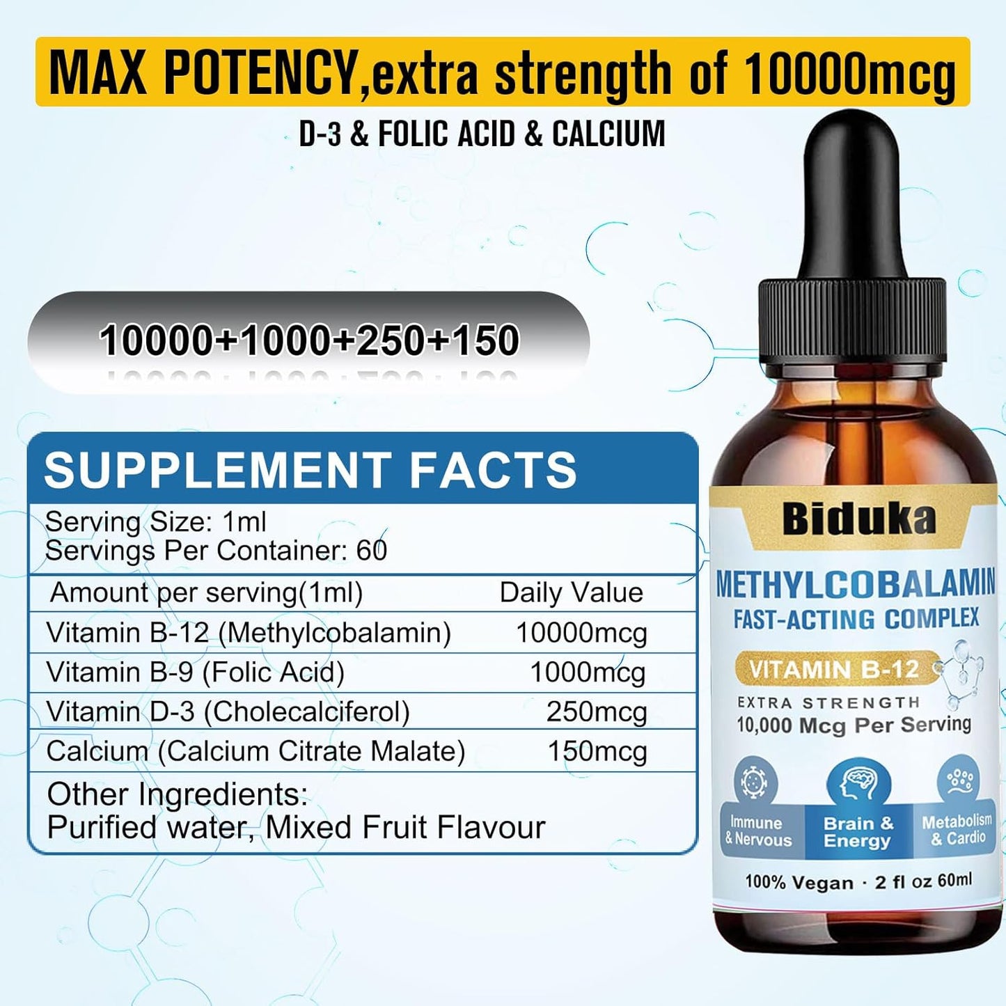 Biduka Vitamin B12 Sublingual Liquid Drops - 10,000mcg with D3, B9, Calcium - Energy, Heart, Mood, Brain, Immune Support - Vegetarian, Non-GMO, Gluten Free