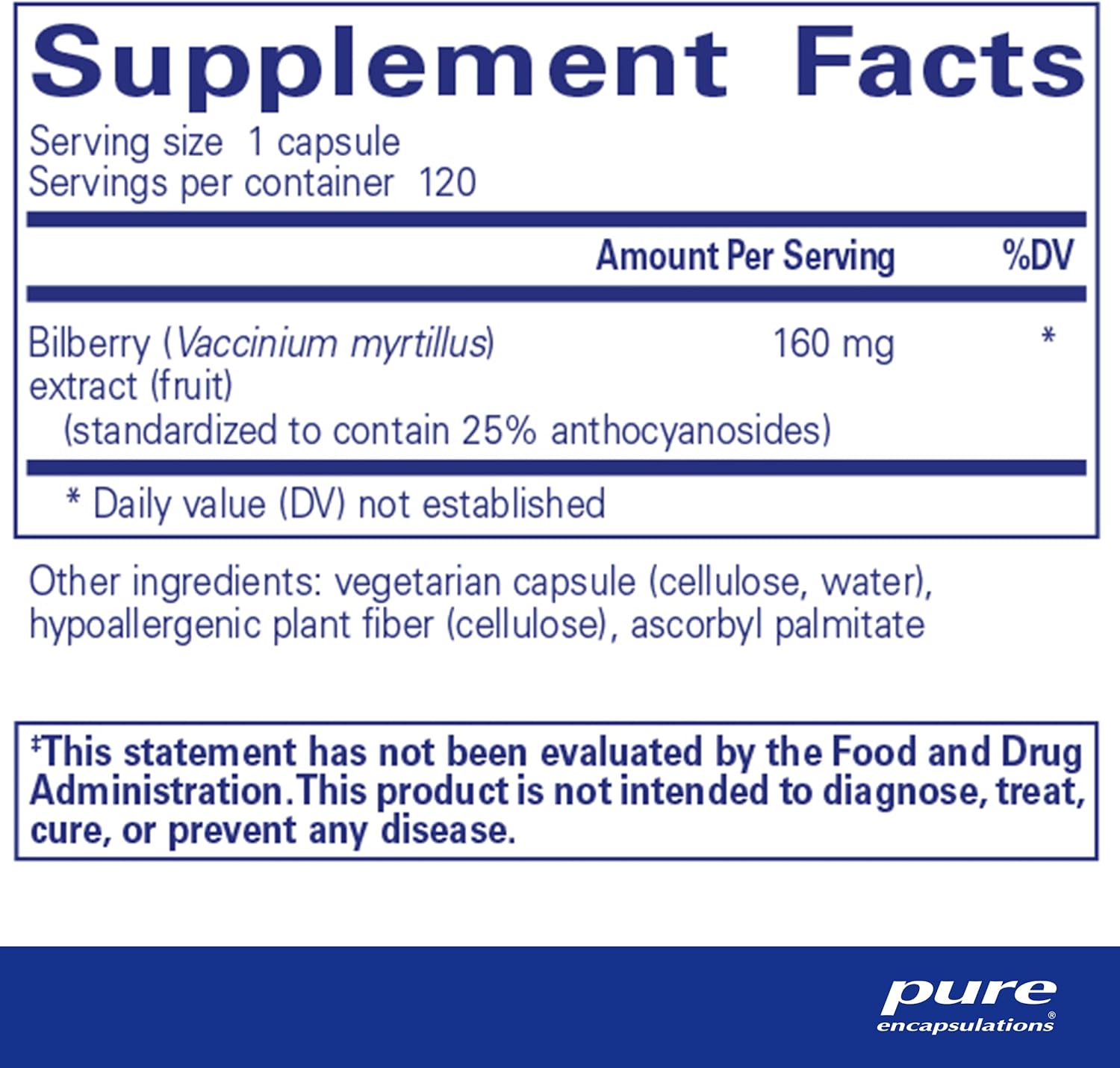 Bilberry 160 mg Capsules for Visual and Vascular System Support - 120 Count