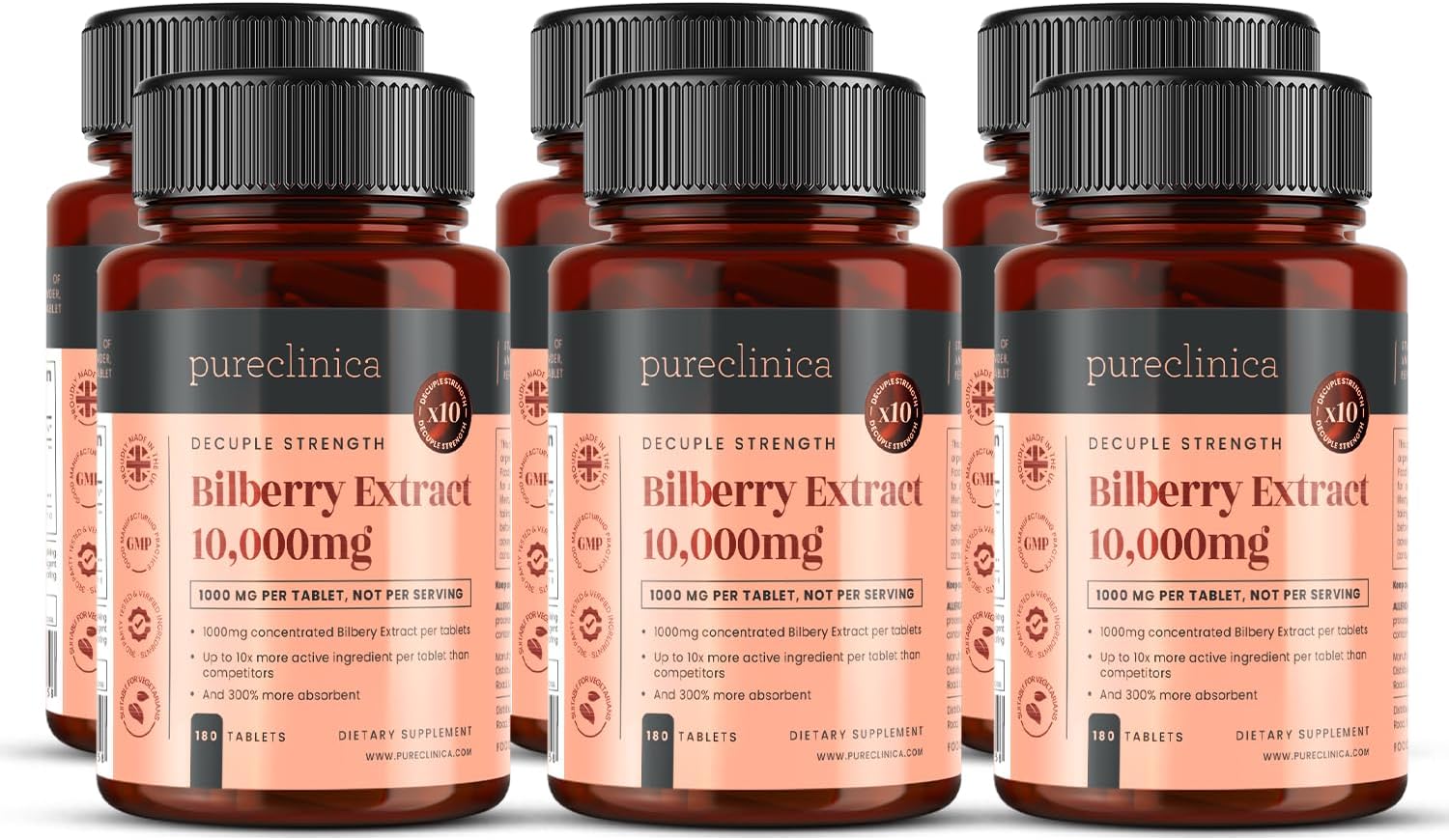 Bilberry Extract 10,000mg x 1080 Tablets - High Anthocyanidins Content (6 Bottles of 180)