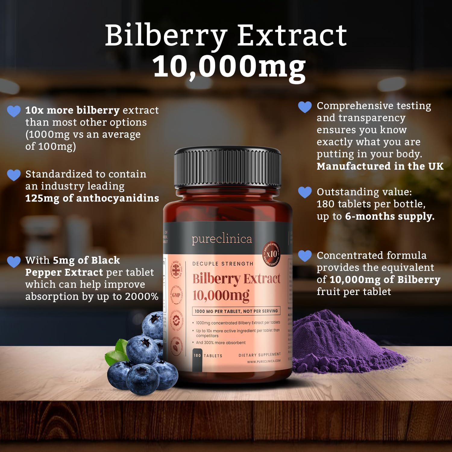 Bilberry Extract 10,000mg x 1080 Tablets - High Anthocyanidins Content (6 Bottles of 180)