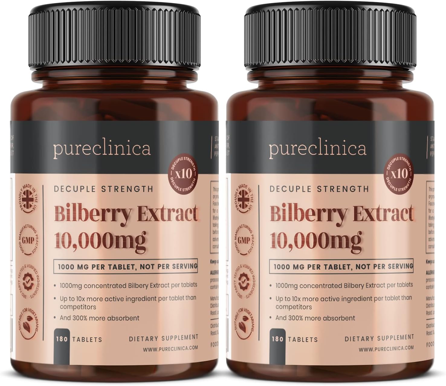 Bilberry Extract 10,000mg x 360 Tablets - High Anthocyanidins & Enhanced Absorption - 2 Bottles