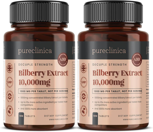 Bilberry Extract 10,000mg x 360 Tablets - High Anthocyanidins & Enhanced Absorption - 2 Bottles