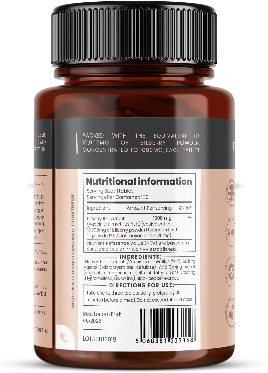 Bilberry Extract 10,000mg x 360 Tablets - High Anthocyanidins & Enhanced Absorption - 2 Bottles
