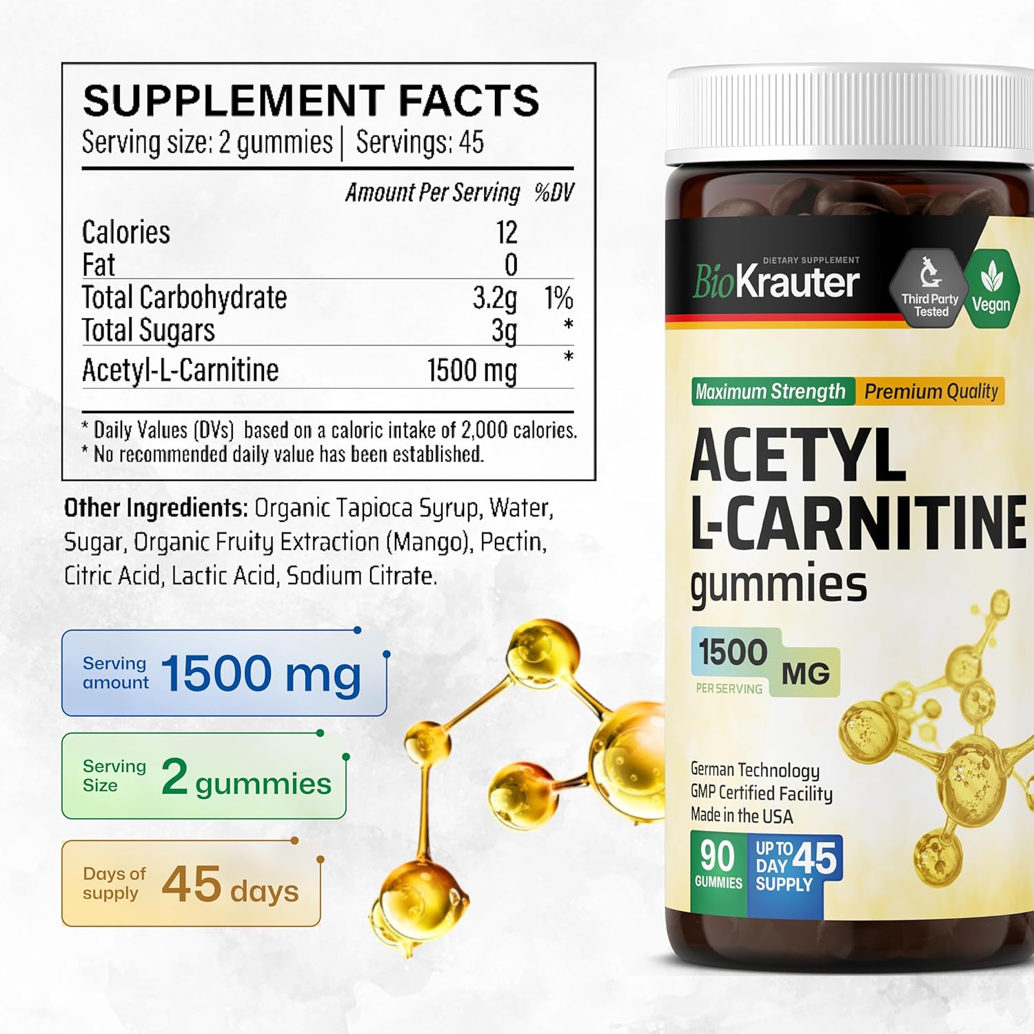 BIO KRAUTER Acetyl L-Carnitine and CoQ10 Gummies - 90 Count Each