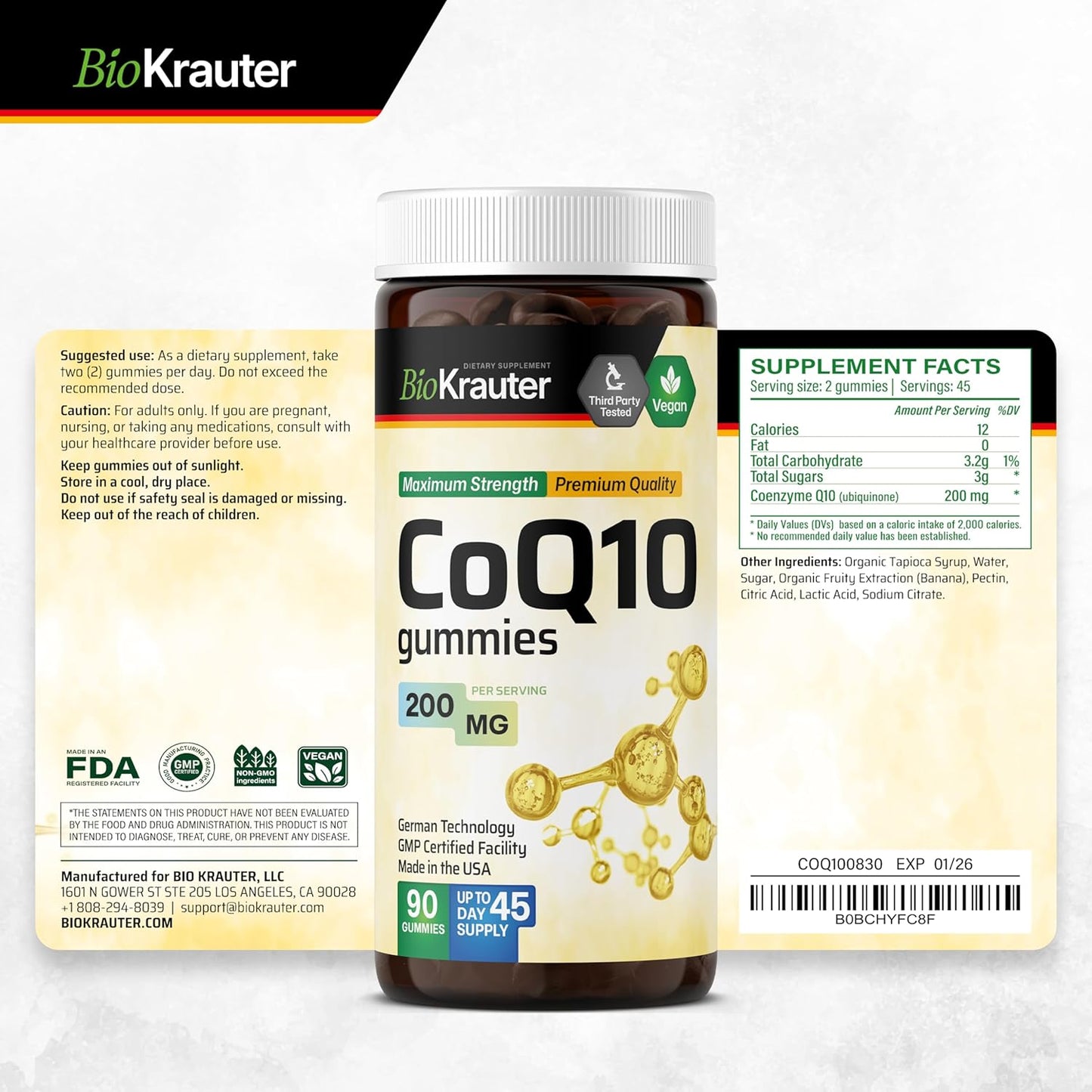 BIO KRAUTER Acetyl L-Carnitine and CoQ10 Gummies - 90 Count Each