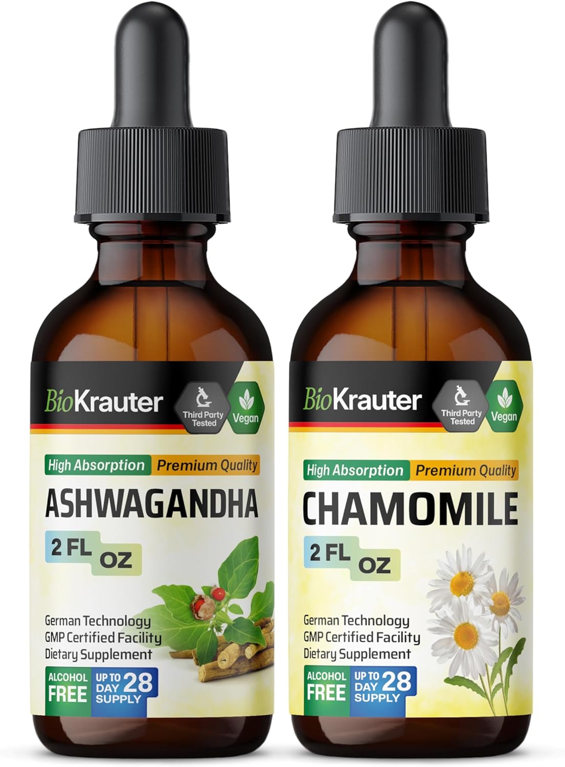 BIO KRAUTER Ashwagandha and Chamomile Tincture Bundle - 2 Fl. Oz. Each