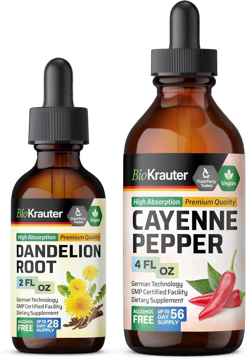BIO KRAUTER Cayenne Pepper and Dandelion Tincture Bundle - 6 Fl. Oz.