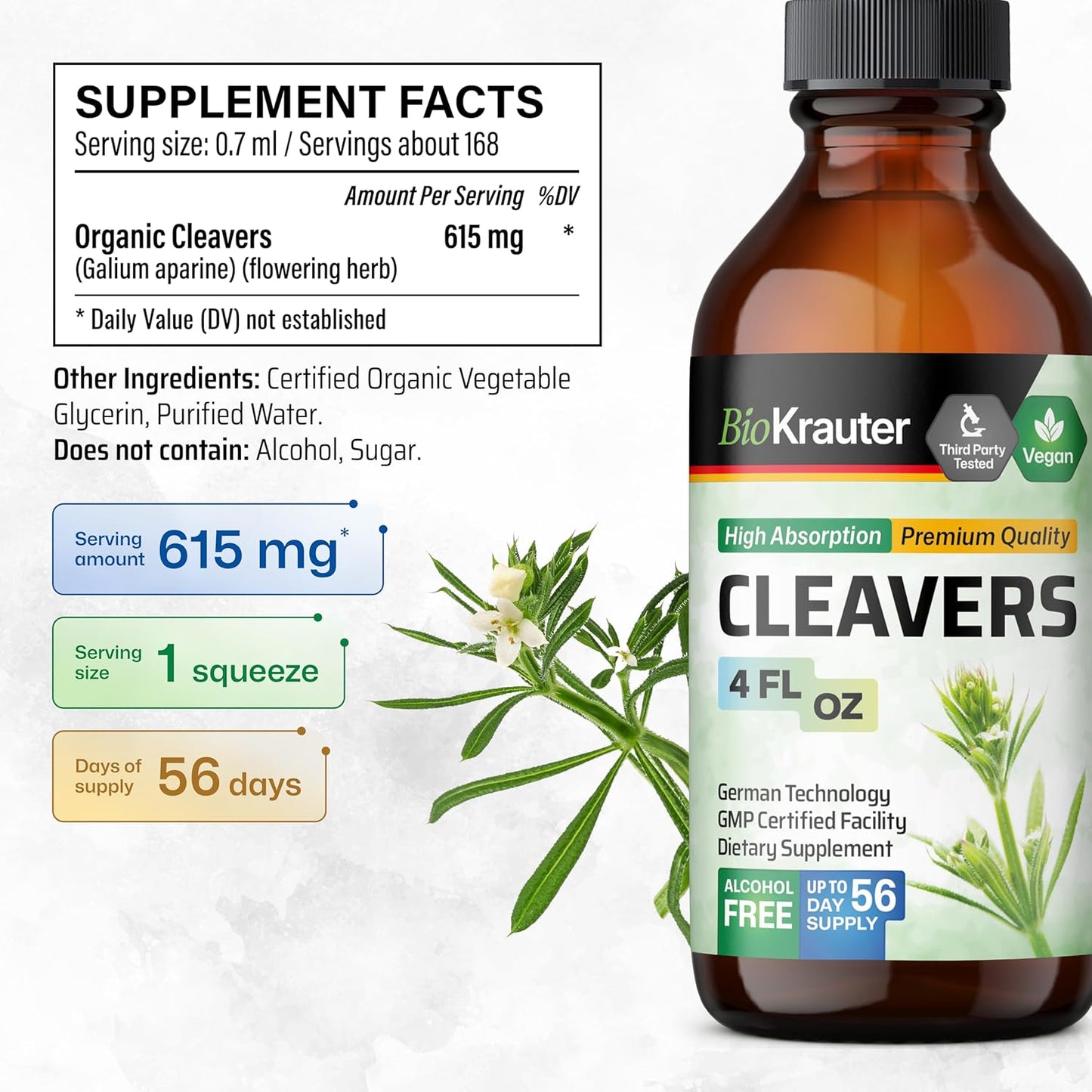 BIO KRAUTER Cleavers Herb Tincture Extract - Natural Alcohol and Sugar Free Detox - Vegan 4 Fl.Oz.