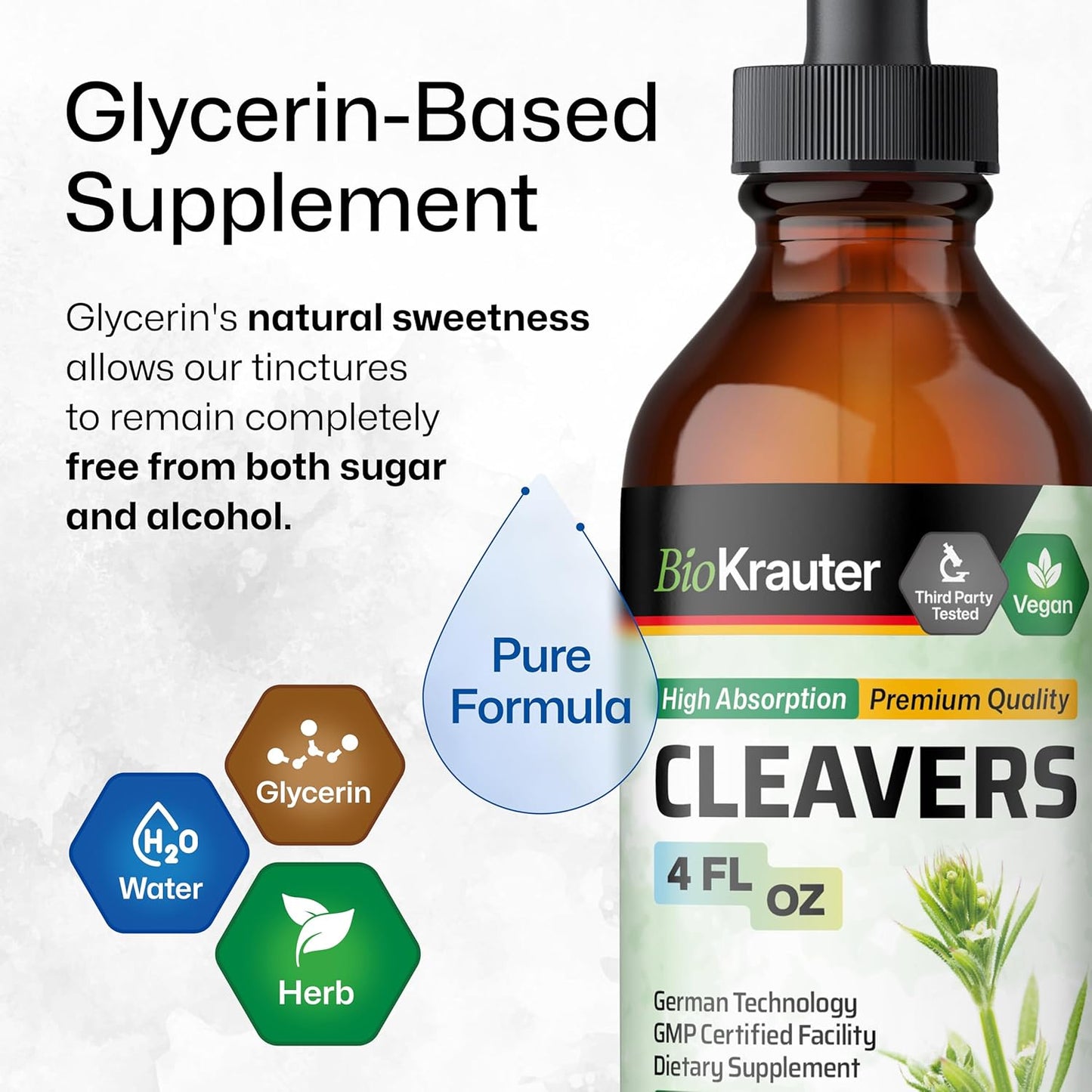 BIO KRAUTER Cleavers Herb Tincture Extract - Natural Alcohol and Sugar Free Detox - Vegan 4 Fl.Oz.