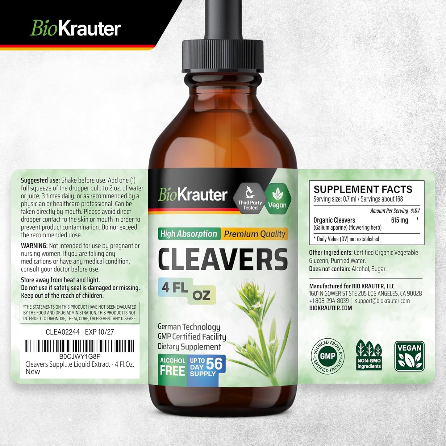 BIO KRAUTER Cleavers Herb Tincture Extract - Natural Alcohol and Sugar Free Detox - Vegan 4 Fl.Oz.