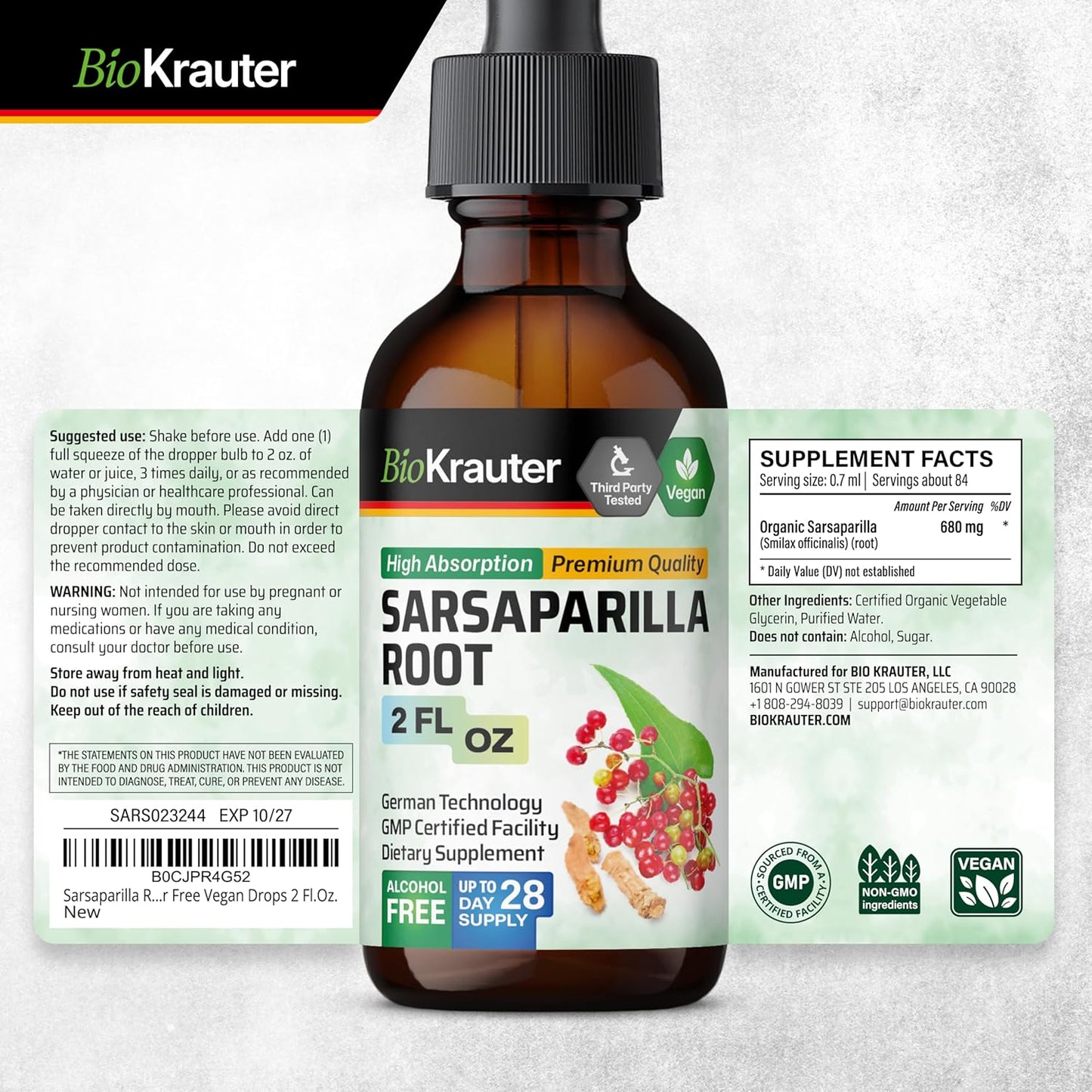 BIO KRAUTER Goldenseal Capsules & Sarsaparilla Tincture Combo Pack for Immune Support