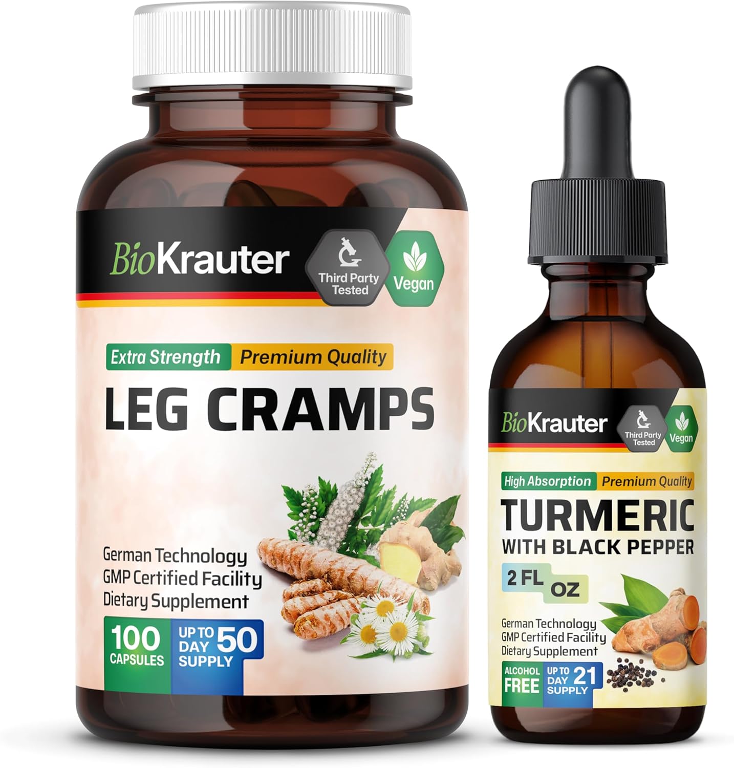 BIO KRAUTER Leg Cramps Capsules and Turmeric Tincture Bundle for Muscle Relief