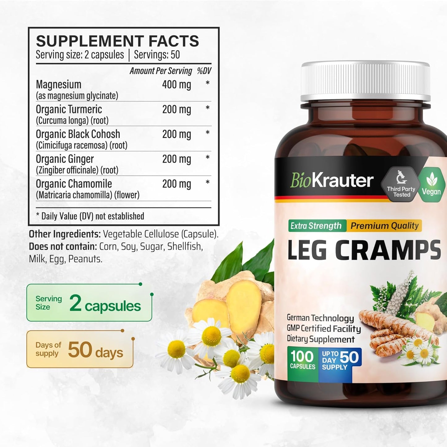 BIO KRAUTER Leg Cramps Capsules and Turmeric Tincture Bundle for Muscle Relief