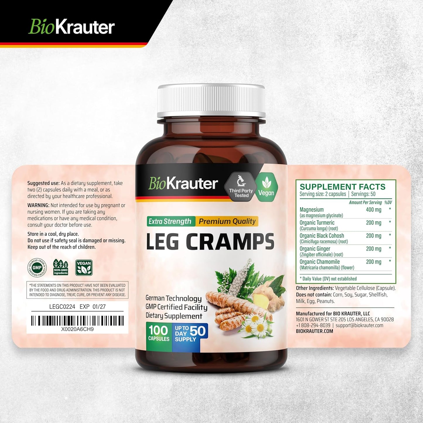 BIO KRAUTER Leg Cramps Capsules and Turmeric Tincture Bundle for Muscle Relief