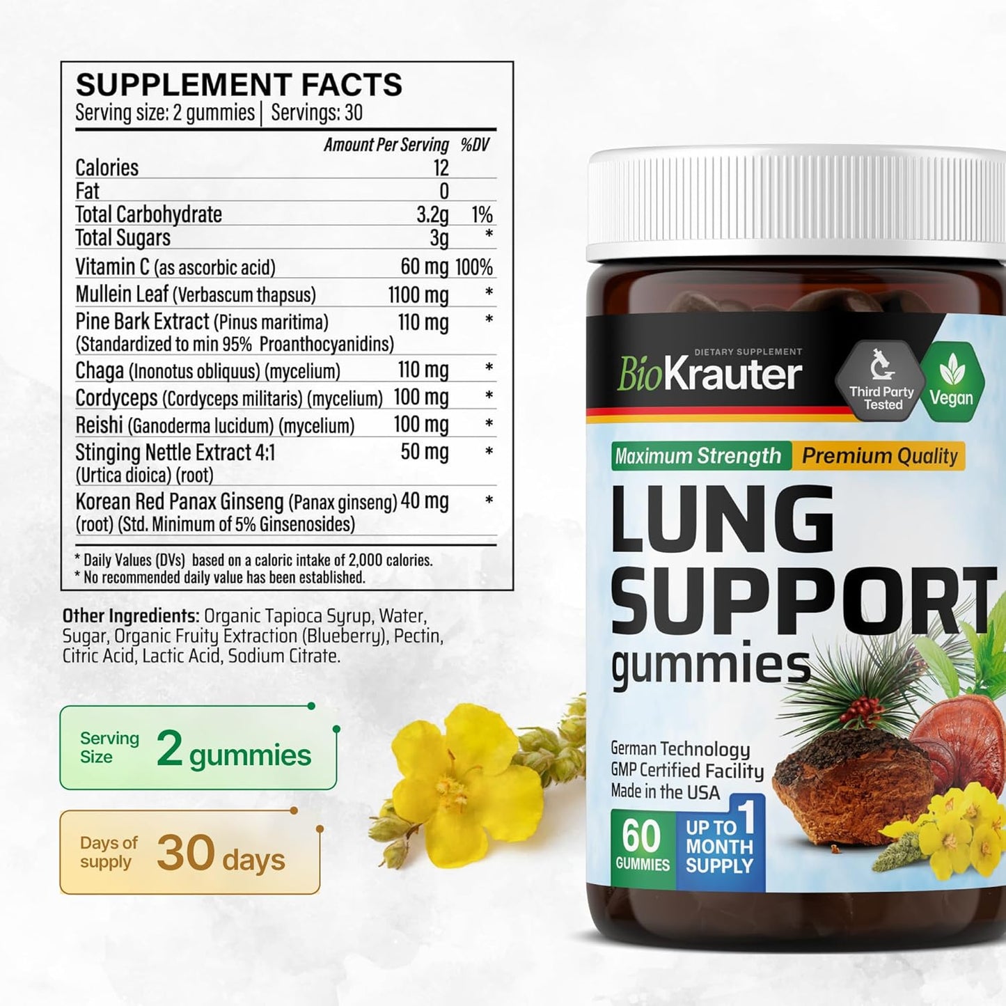BIO KRAUTER Lung Support Bundle: 60 Gummies & 4 Fl. Oz. Mullein Tincture for Respiratory Health