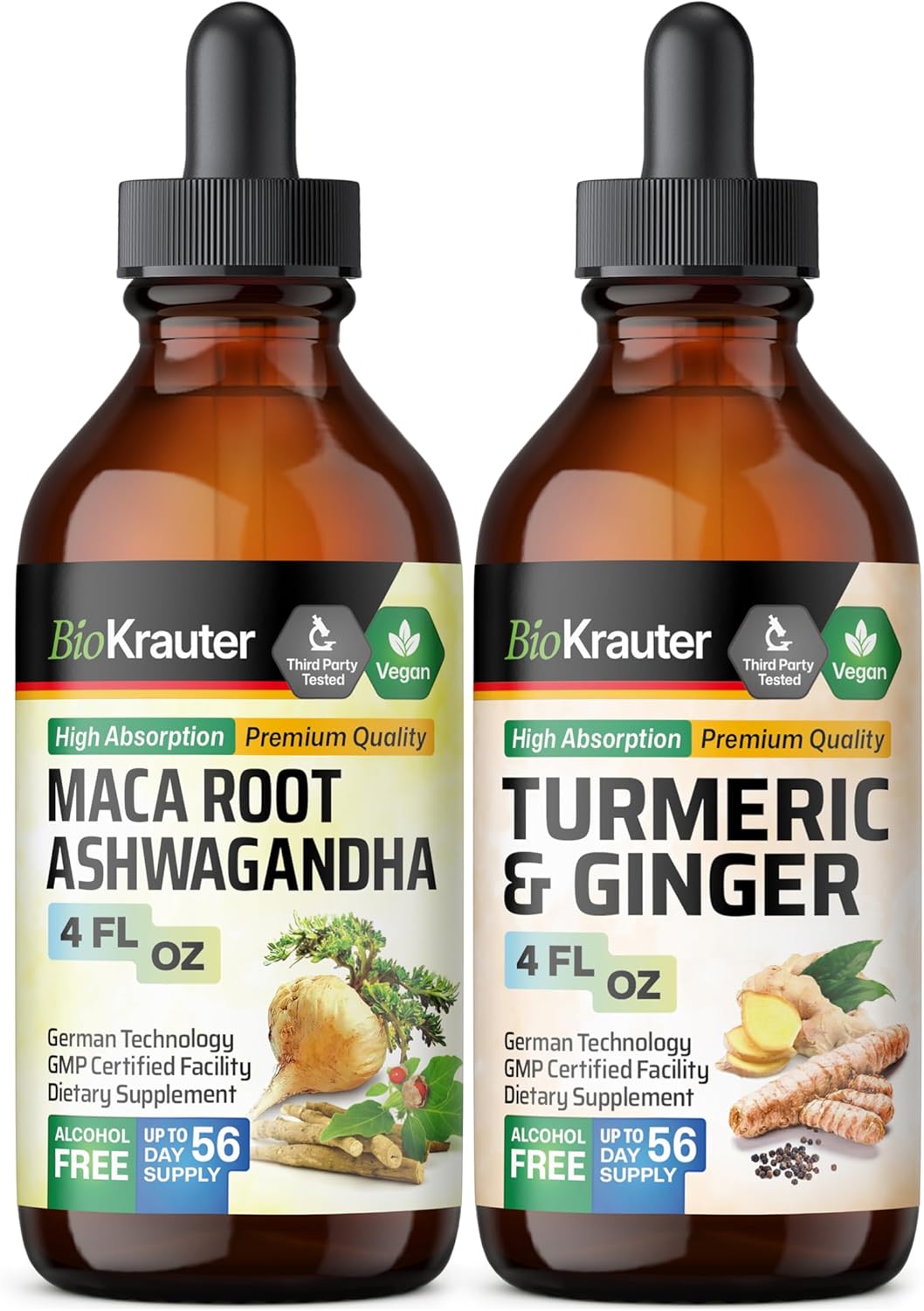 BIO KRAUTER Maca Ashwagandha and Turmeric Ginger Tinctures Bundle - 4 Fl. Oz. Each