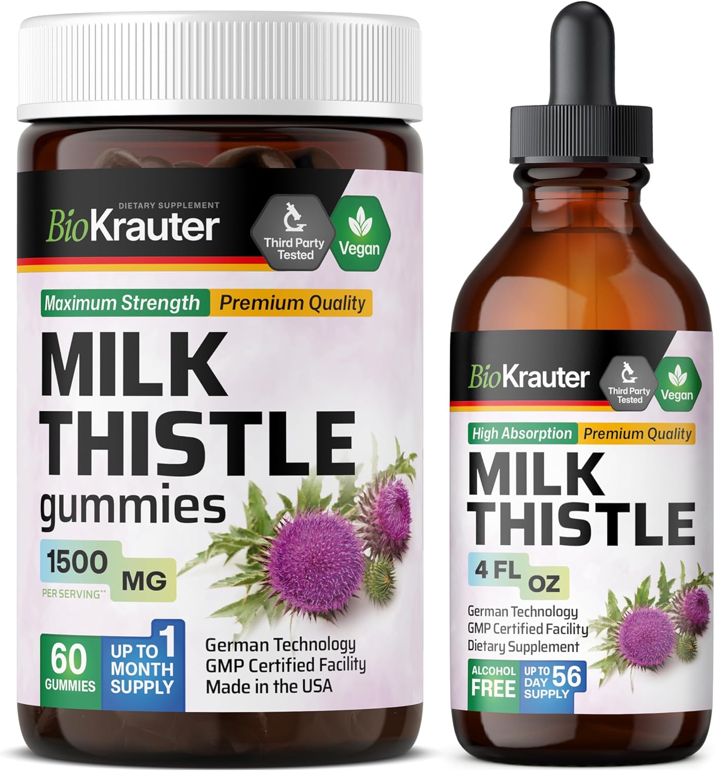 BIO KRAUTER Milk Thistle Gummies and Tincture Combo Pack - 60 Gummies & 4 Fl. Oz. Tincture