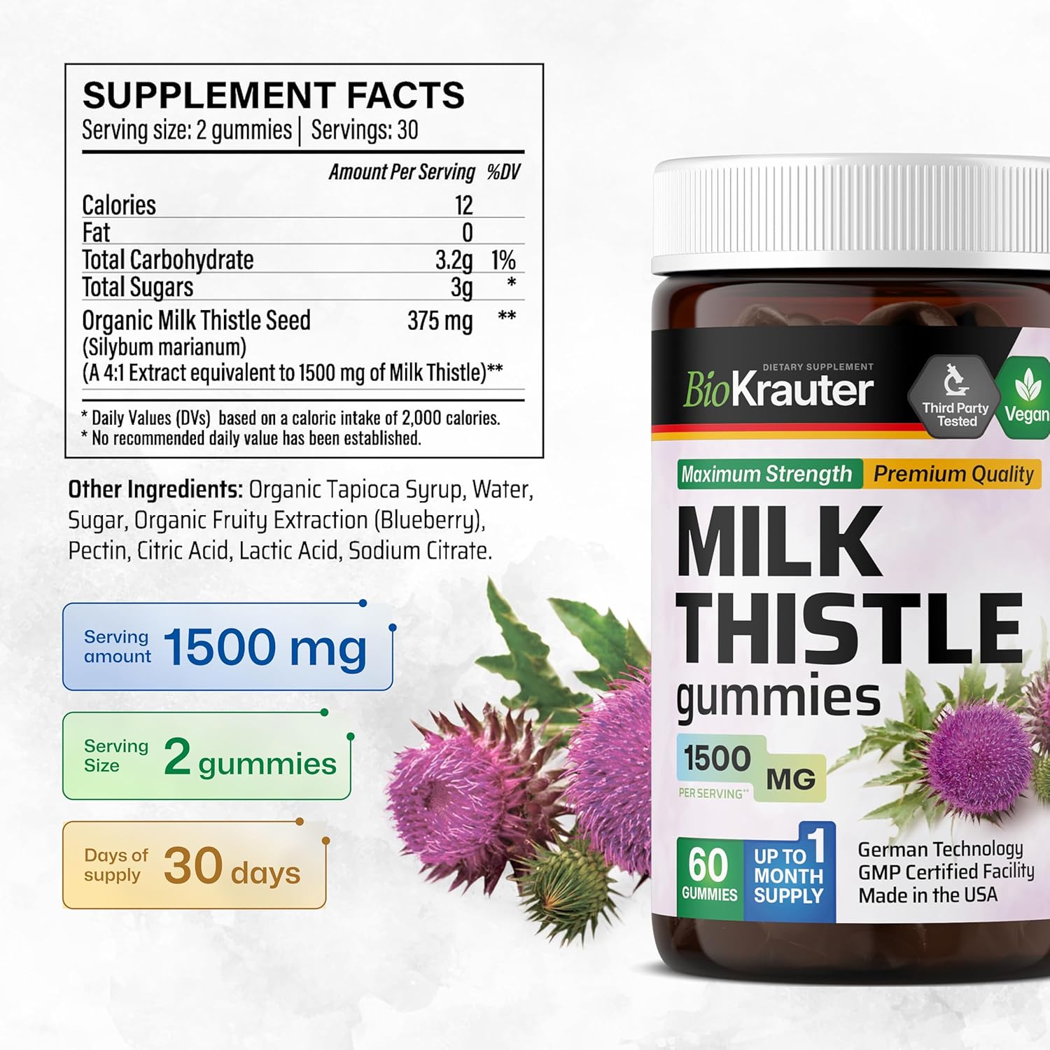 BIO KRAUTER Milk Thistle Gummies and Tincture Combo Pack - 60 Gummies & 4 Fl. Oz. Tincture