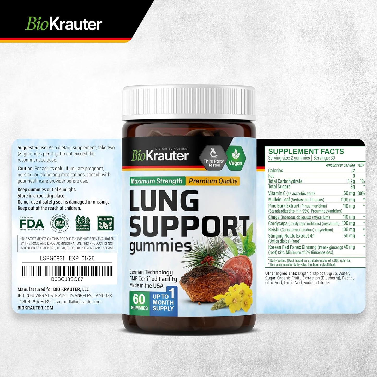 BIO KRAUTER Mullein and Lung Support Gummies - 120 Count