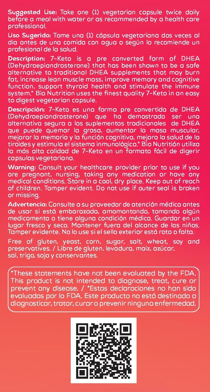 Bio Nutrition 7-Keto 50mg Capsules for Immune Health, Energy, and Stamina - Vegetarian DHEA Supplement