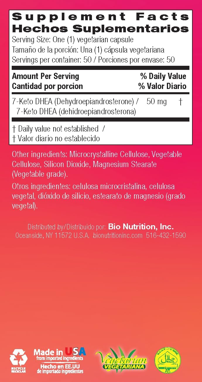 Bio Nutrition 7-Keto 50mg Capsules for Immune Health, Energy, and Stamina - Vegetarian DHEA Supplement
