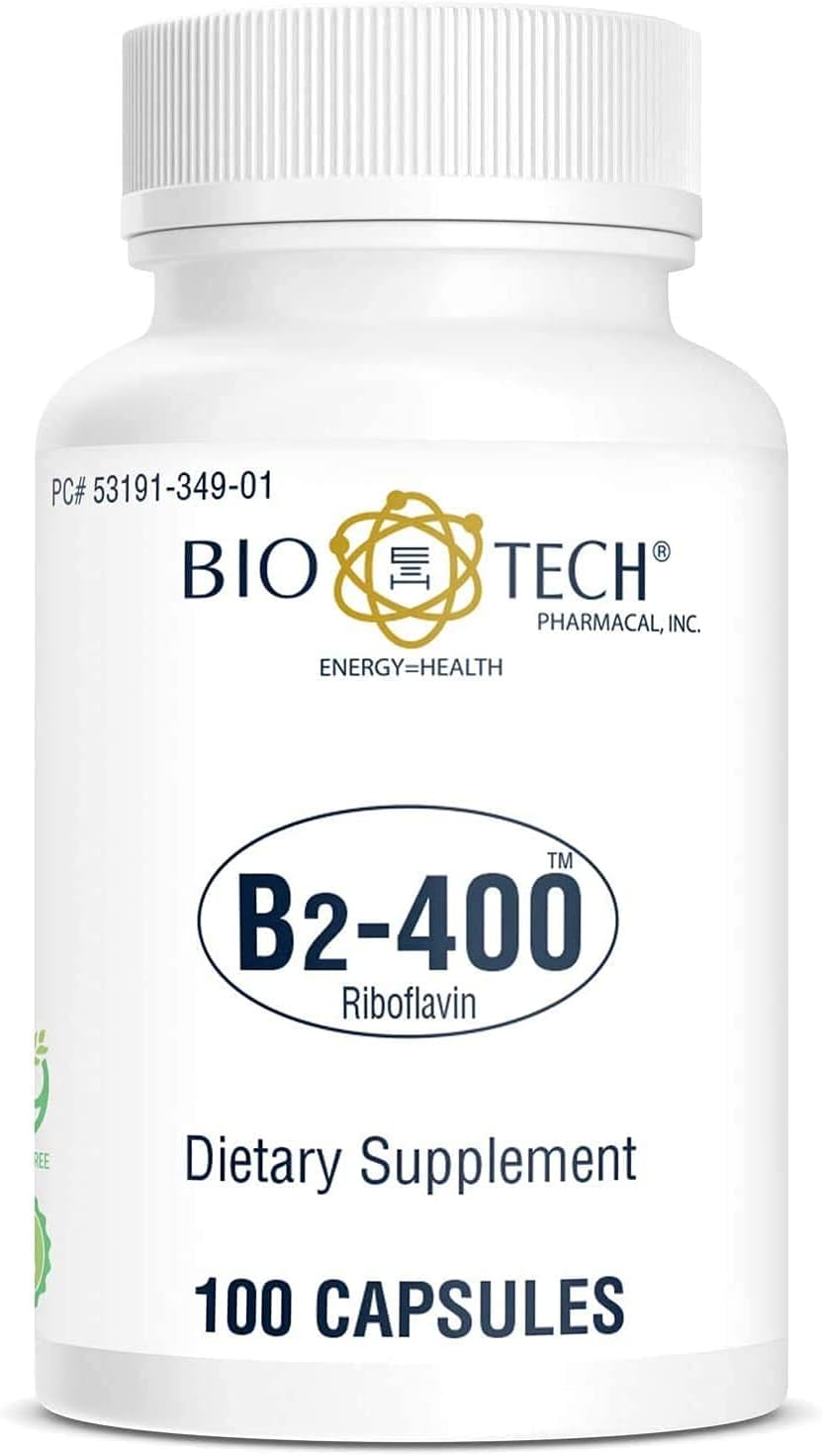 Bio-Tech Pharmacal B2-400 Capsules - Natural Supplement for Clarity & Productivity - Dairy, Fish, Gluten, Peanut, Shellfish, GMO, & Soy-Free - No Artificial Colors, 100ct