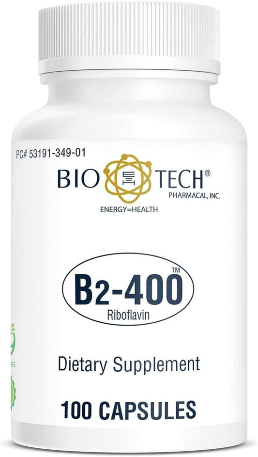 Bio-Tech Pharmacal B2-400 Capsules - Natural Supplement for Clarity & Productivity - Dairy, Fish, Gluten, Peanut, Shellfish, GMO, & Soy-Free - No Artificial Colors, 100ct