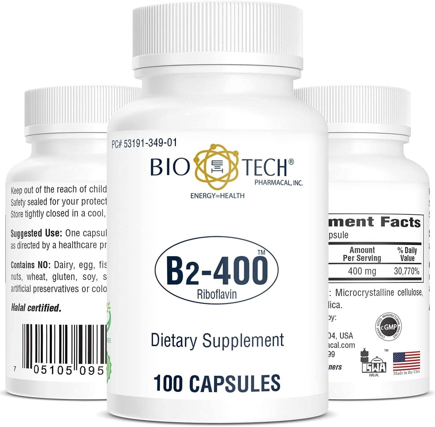 Bio-Tech Pharmacal B2-400 Capsules - Natural Supplement for Clarity & Productivity - Dairy, Fish, Gluten, Peanut, Shellfish, GMO, & Soy-Free - No Artificial Colors, 100ct