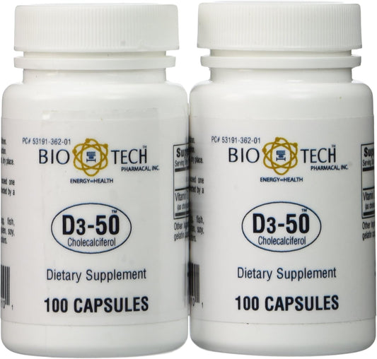 Bio-Tech Pharmacal D3-50 50,000 IU Vitamin D3 Softgels - 100 Count (Pack of 2)
