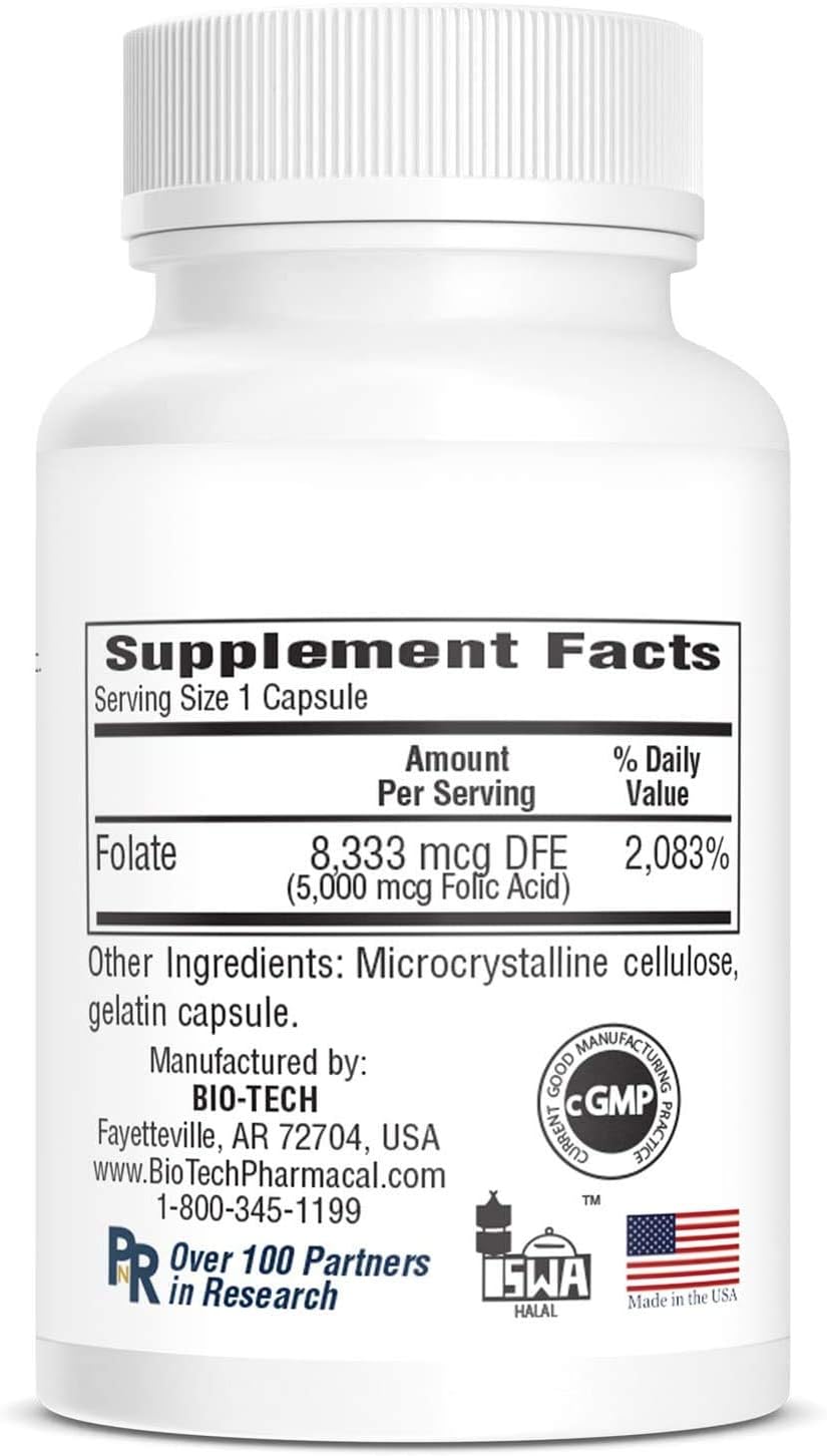 Bio-Tech Pharmacal Folic Acid 5mg - 200 Capsules - Pack of 2 - BioTech Pharmacal Product