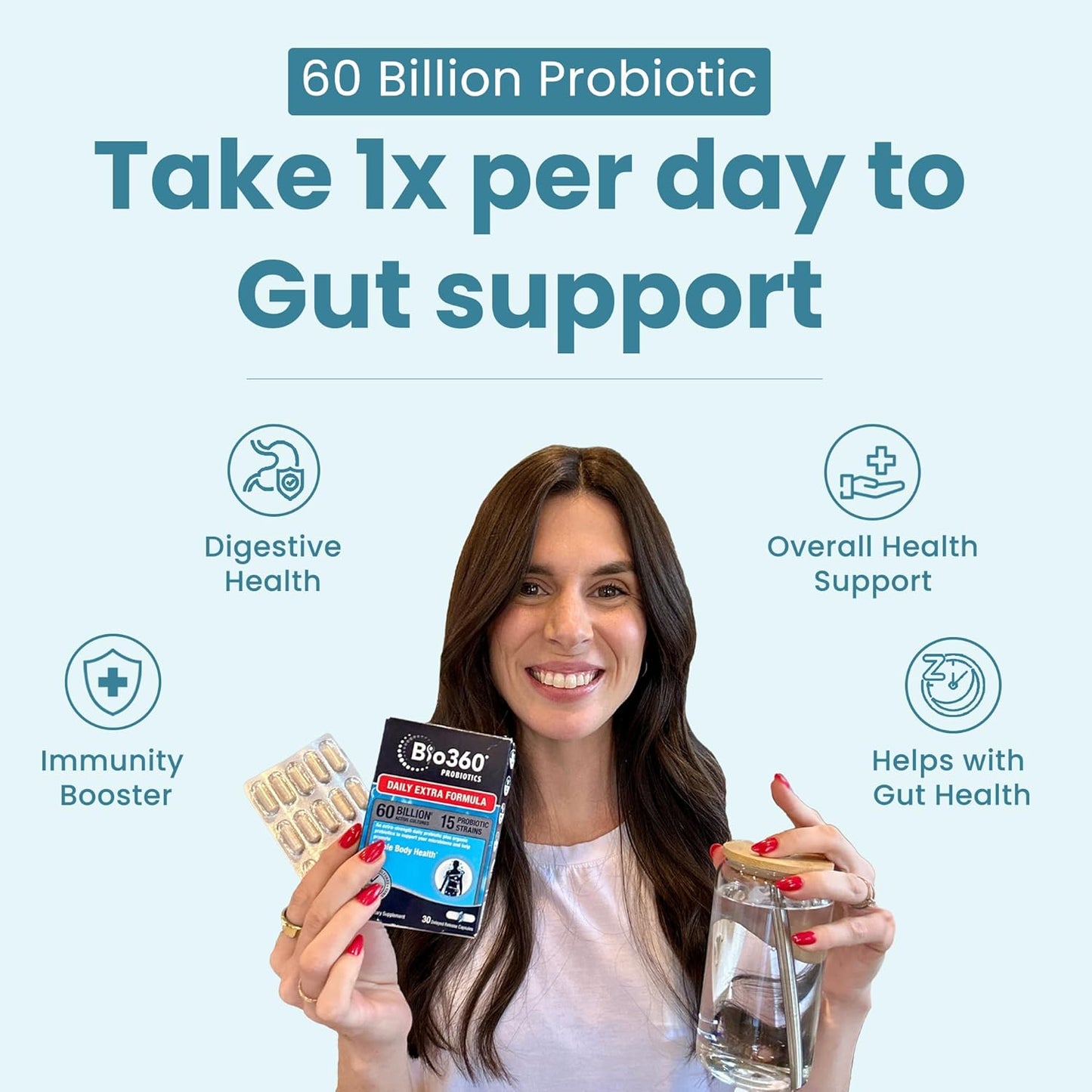 Bio360 Probiotic Supplement for Digestive & Immune Health - 60 Billion CFU, 15 Strains - Gut Health Support for Men & Women - 60 Capsules