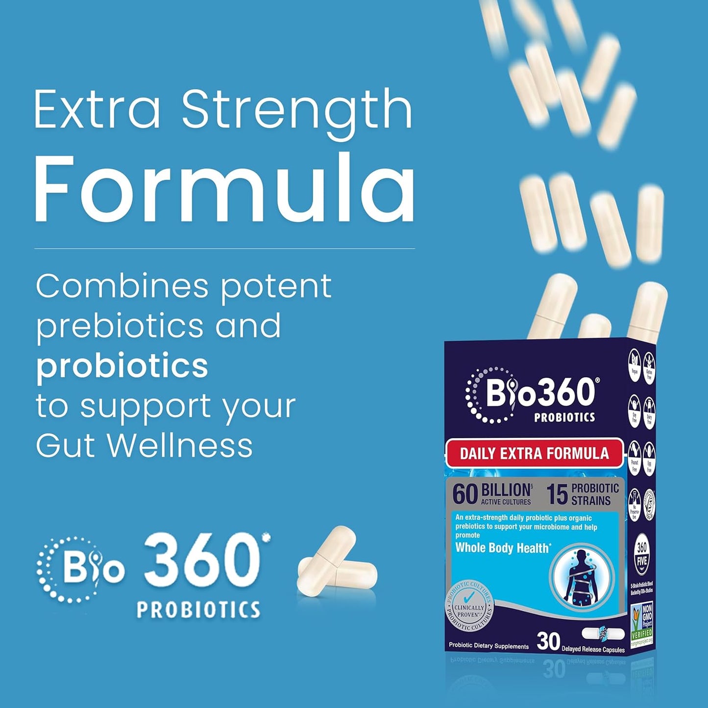 Bio360 Probiotic Supplement for Digestive & Immune Health - 60 Billion CFU, 15 Strains - Gut Health Support for Men & Women - 60 Capsules