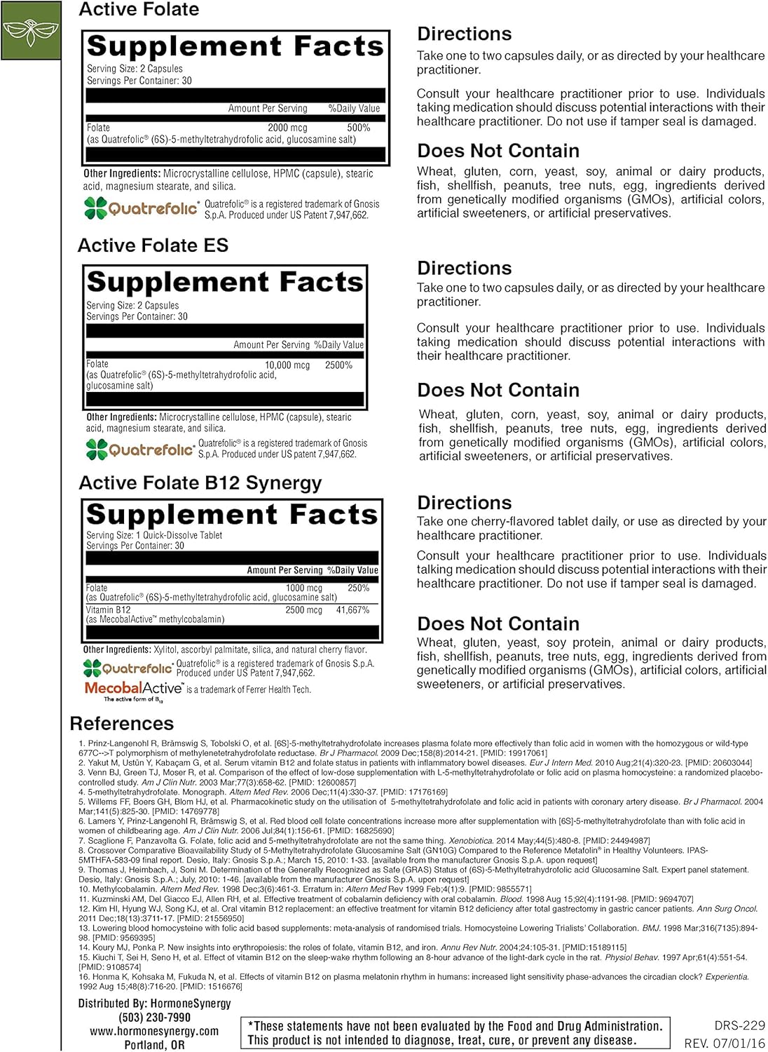 Bioactive Folate Supplement 10,000 mcg - HormoneSynergy Active Folate ES - 5-MTHF - 60 Veg Capsules