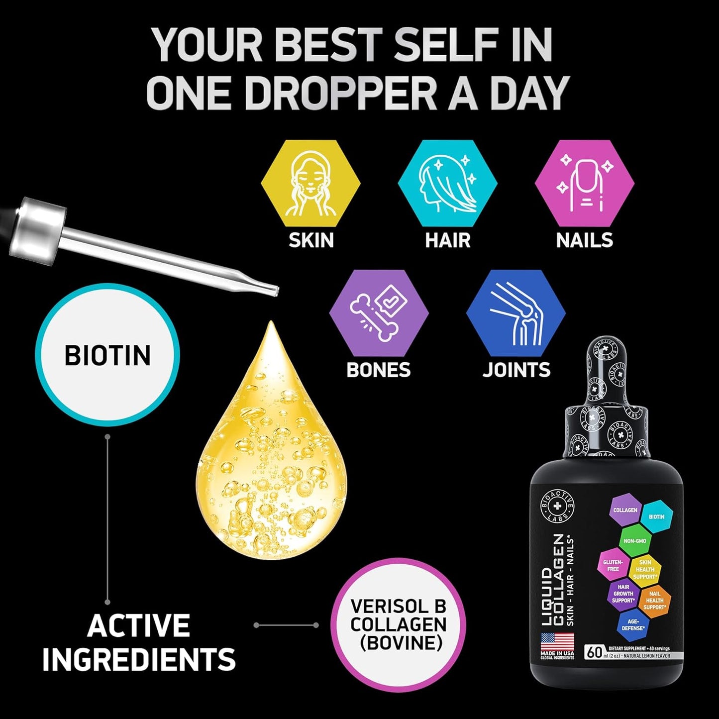 BIOACTIVE LABS Hydrolyzed Collagen and Biotin Drops for Hair, Skin, and Nails - Lemon Flavor - Type 1 & 3 - 2-Pack, 120ml