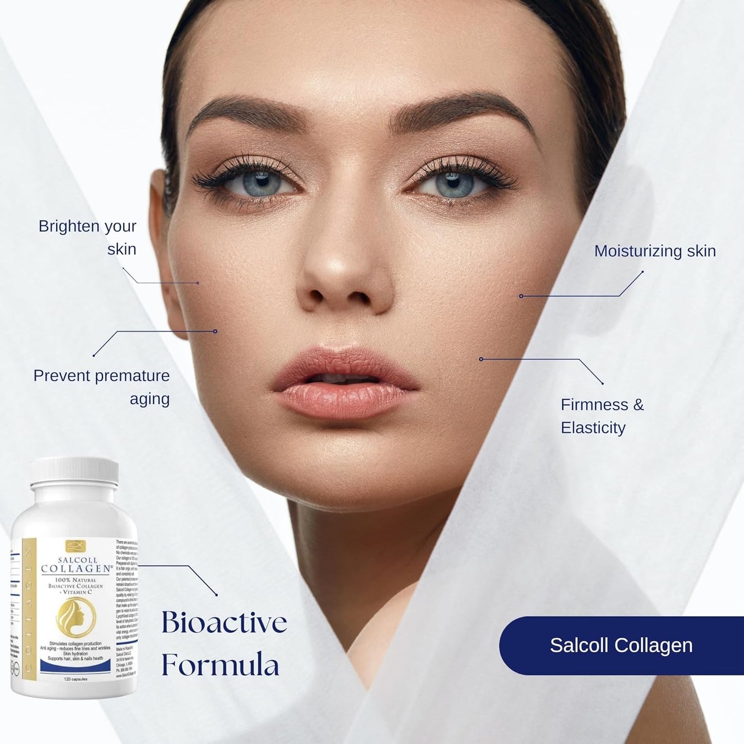 Bioactive Marine Collagen Capsules for Skin, Hair, Nails. Anti-Aging Supplement for Women & Men - 120 Capsules, One Month Supply