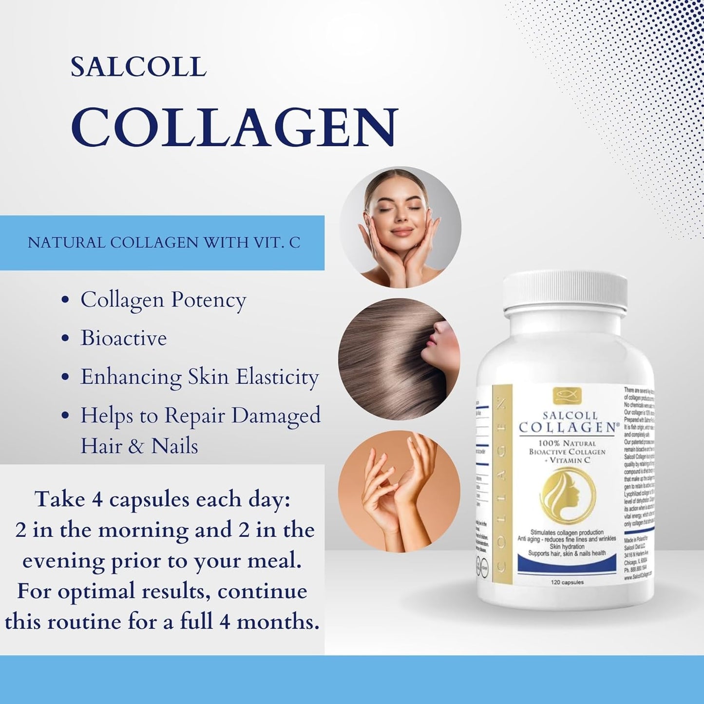 Bioactive Marine Collagen Capsules for Skin, Hair, Nails. Anti-Aging Supplement for Women & Men - 120 Capsules, One Month Supply